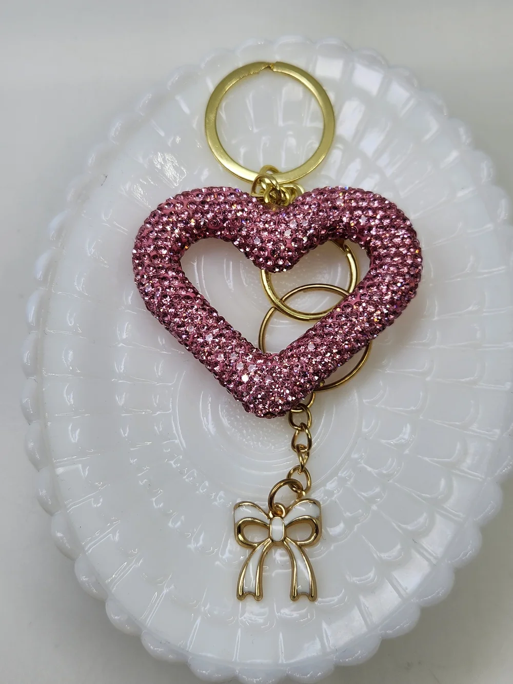Pink Crystal Heart Keychain with Gold Bow Charm